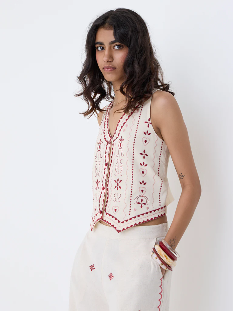 Bombay Paisley Off-White Cotton-Blend Waistcoat - Image 2