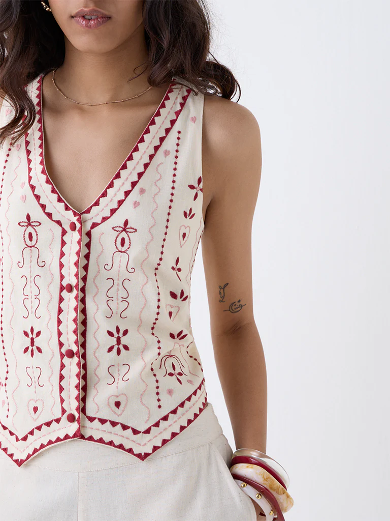Bombay Paisley Off-White Cotton-Blend Waistcoat - Image 3