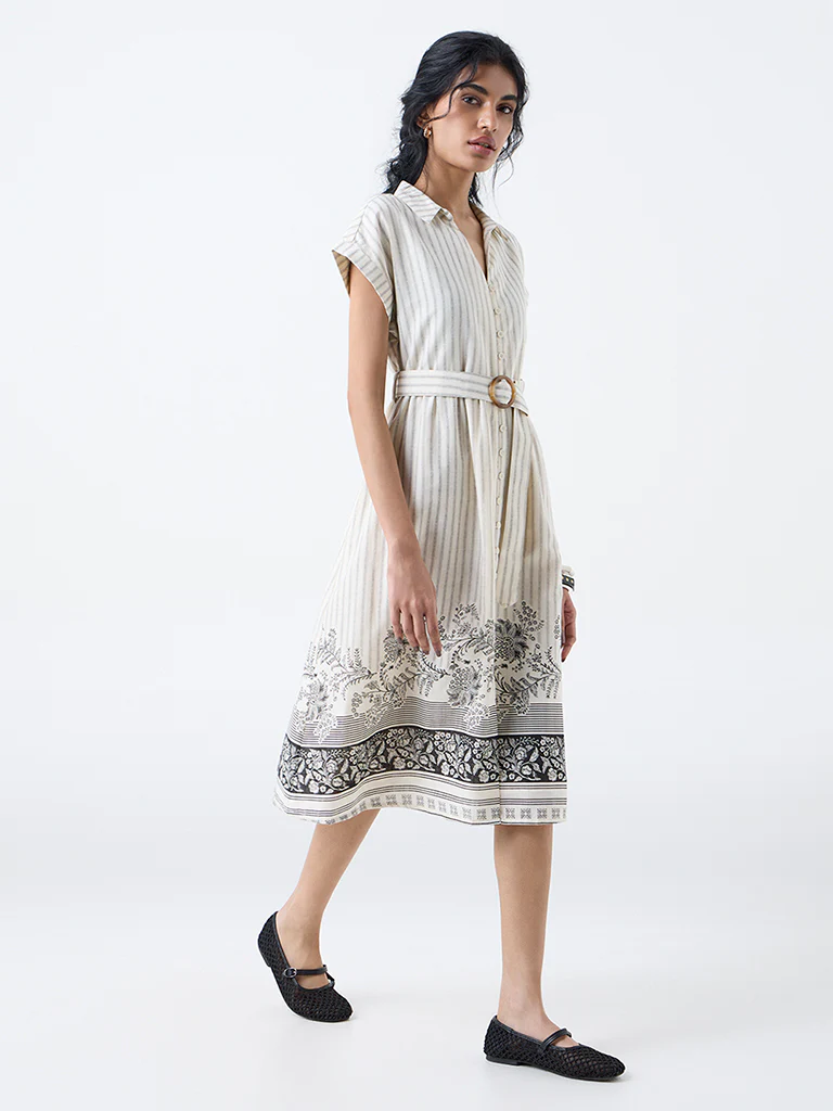 Bombay Paisley Off-White Cotton Shirt Dress with Belt - Image 2