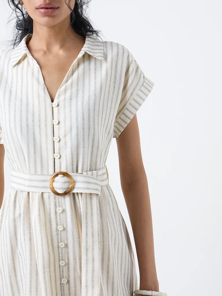 Bombay Paisley Off-White Cotton Shirt Dress with Belt - Image 3