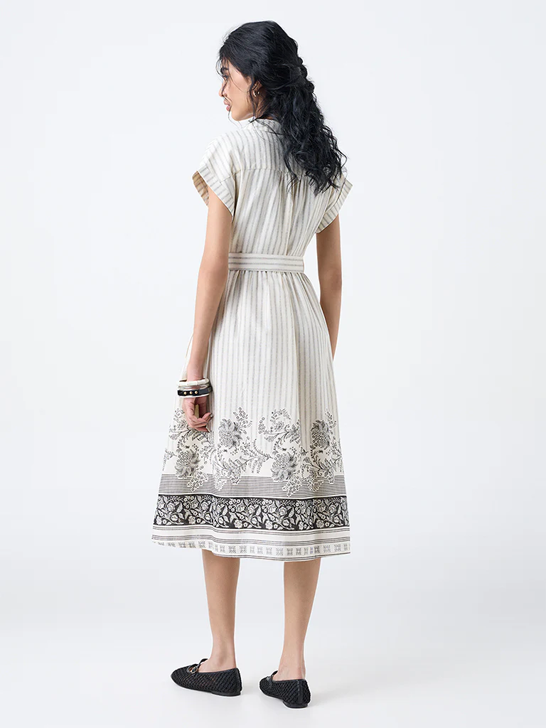 Bombay Paisley Off-White Cotton Shirt Dress with Belt - Image 4