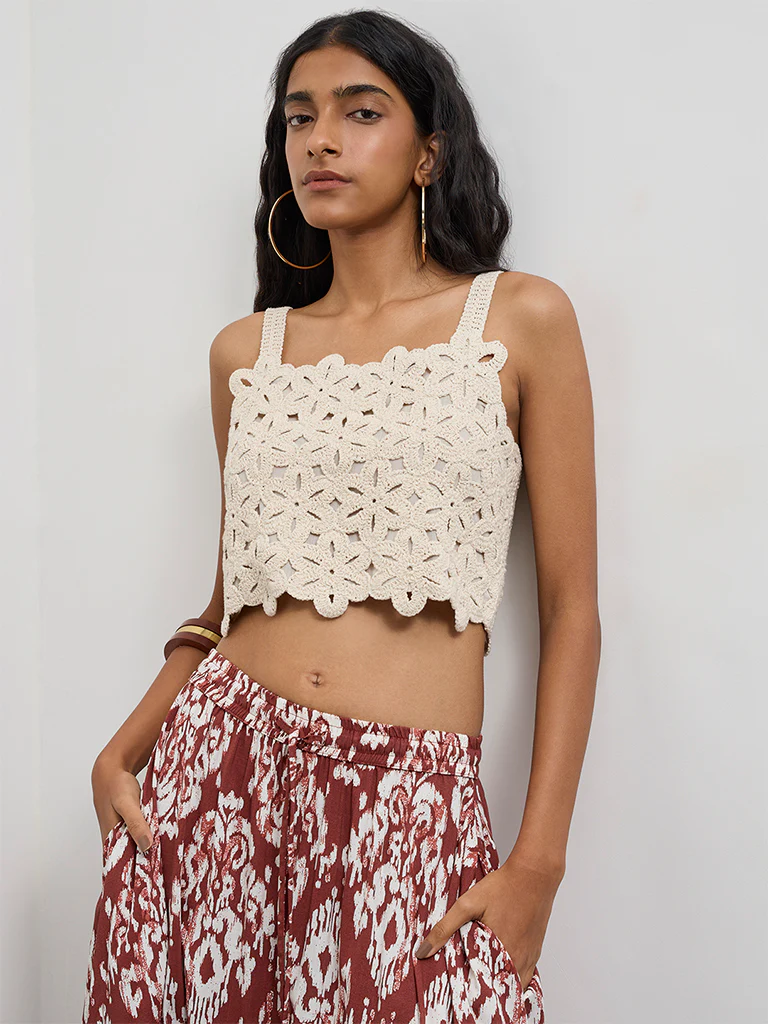 Bombay Paisley Off-White Crochet Embroidered Cotton Top