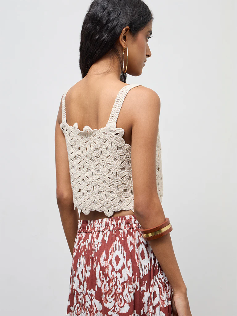 Bombay Paisley Off-White Crochet Embroidered Cotton Top - Image 4