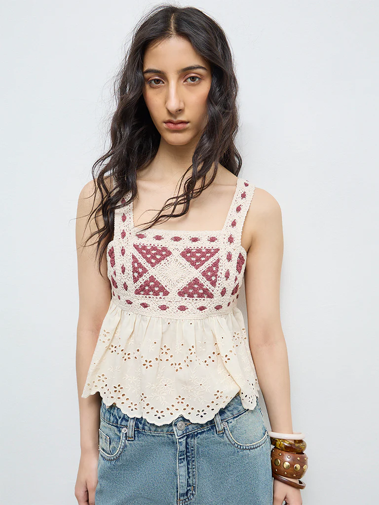 Bombay Paisley Off-White Crochet Knit Cotton Top - Image 2