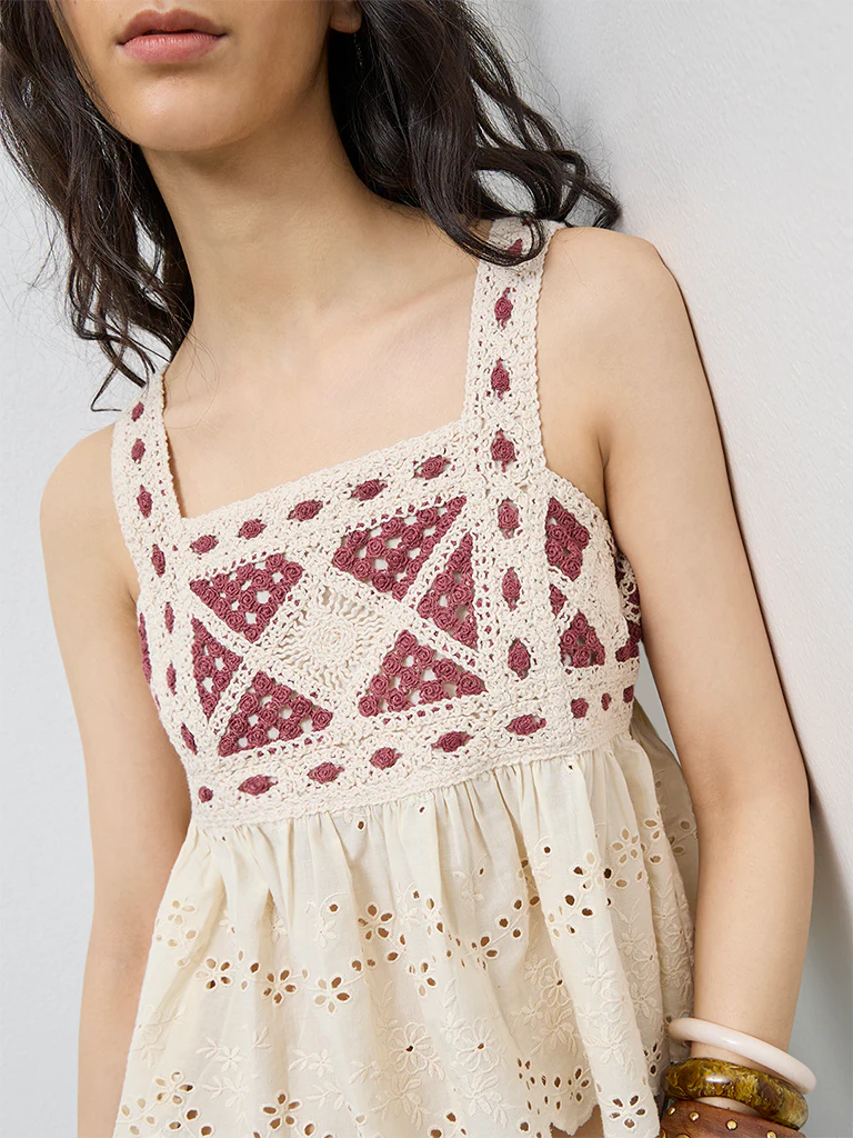 Bombay Paisley Off-White Crochet Knit Cotton Top - Image 3