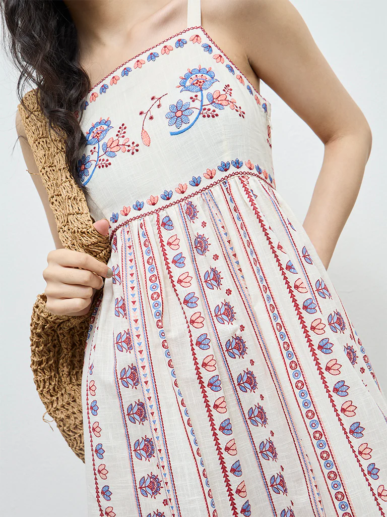Bombay Paisley Off-White Embroidered Cotton A-Line Dress - Image 3