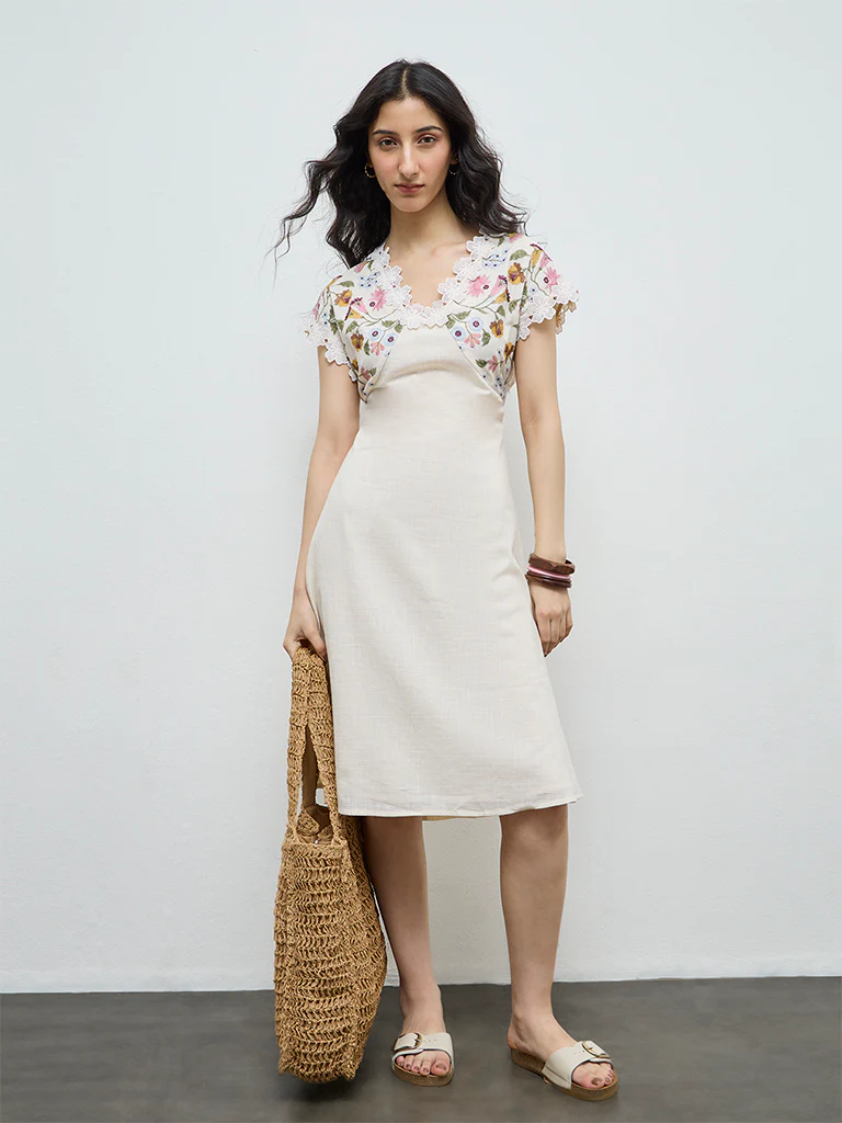 Bombay Paisley Off-White Embroidered Cotton A-Line Dress - Image 2