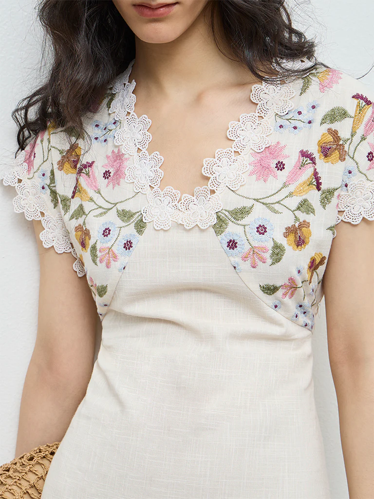 Bombay Paisley Off-White Embroidered Cotton A-Line Dress - Image 3