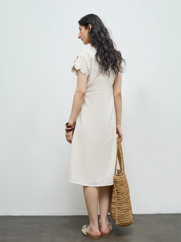 Bombay Paisley Off-White Embroidered Cotton A-Line Dress - Image 4