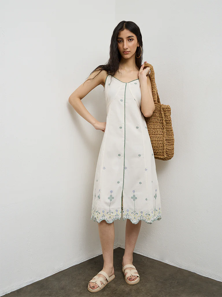 Bombay Paisley Off-White Embroidered Cotton A-Line Dress - Image 2