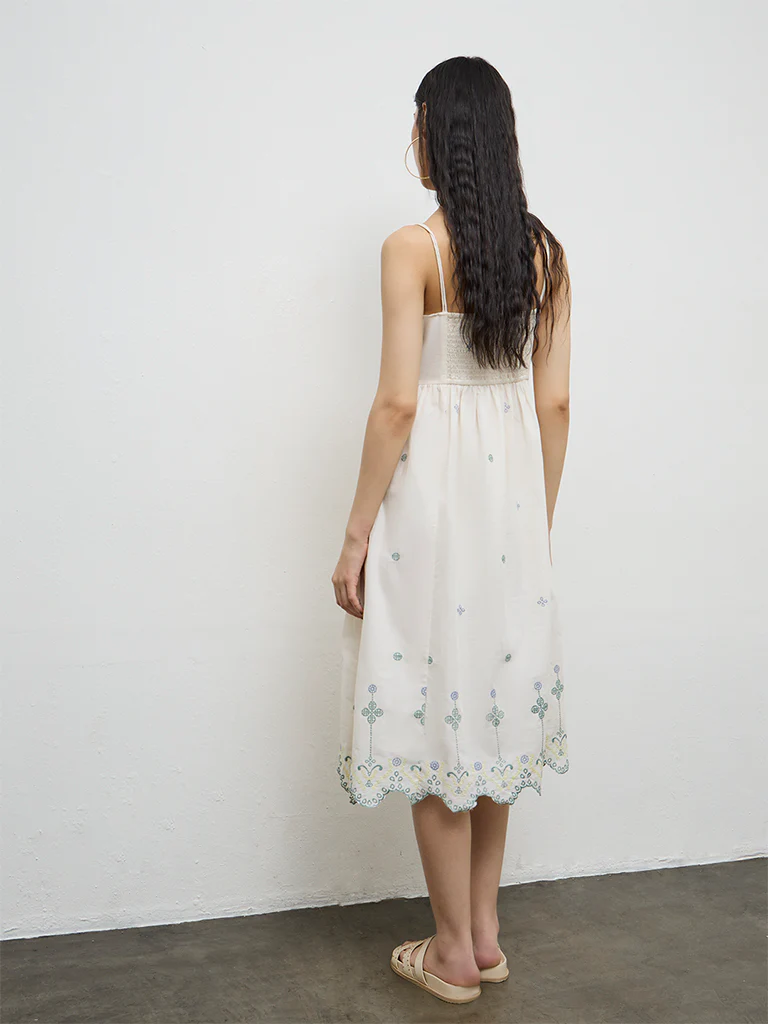 Bombay Paisley Off-White Embroidered Cotton A-Line Dress - Image 4