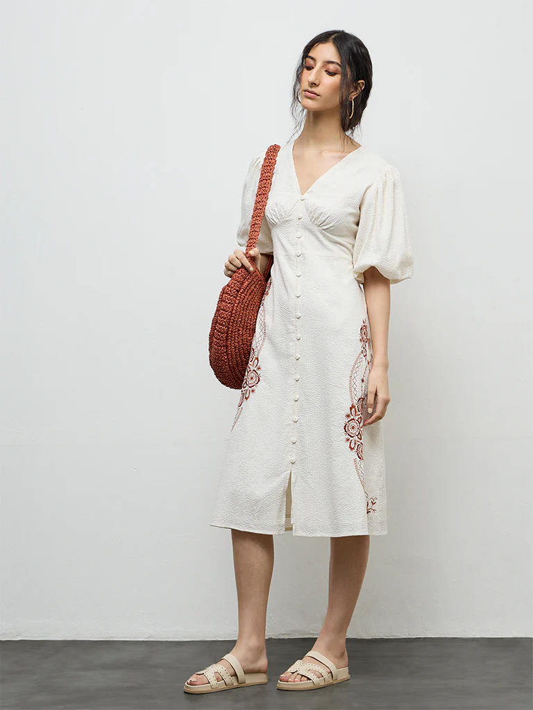 Bombay Paisley Off-White Embroidered Cotton A-Line Dress - Image 2
