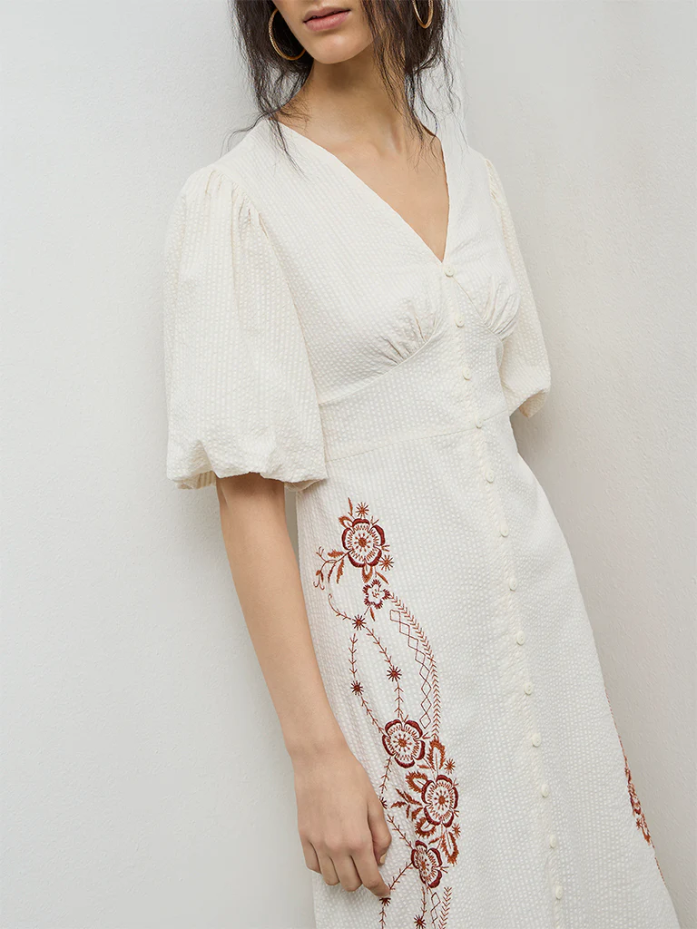Bombay Paisley Off-White Embroidered Cotton A-Line Dress - Image 3