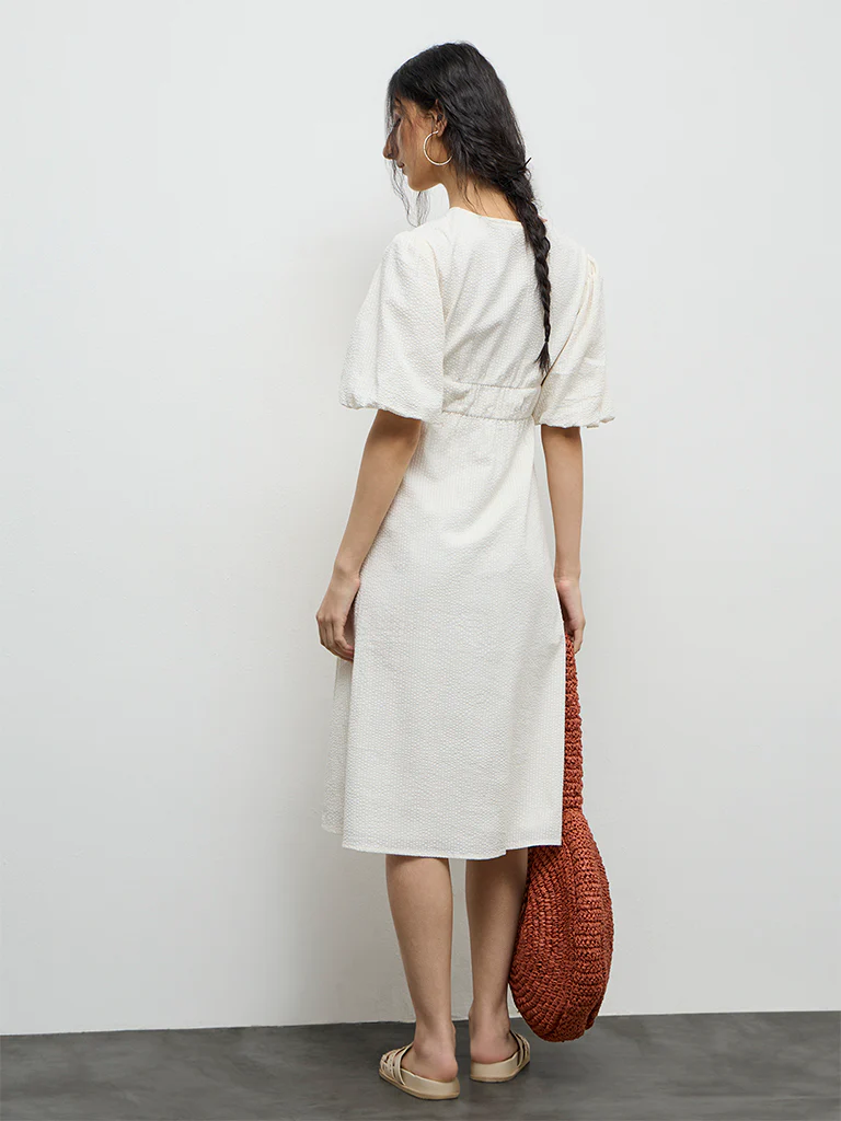 Bombay Paisley Off-White Embroidered Cotton A-Line Dress - Image 4