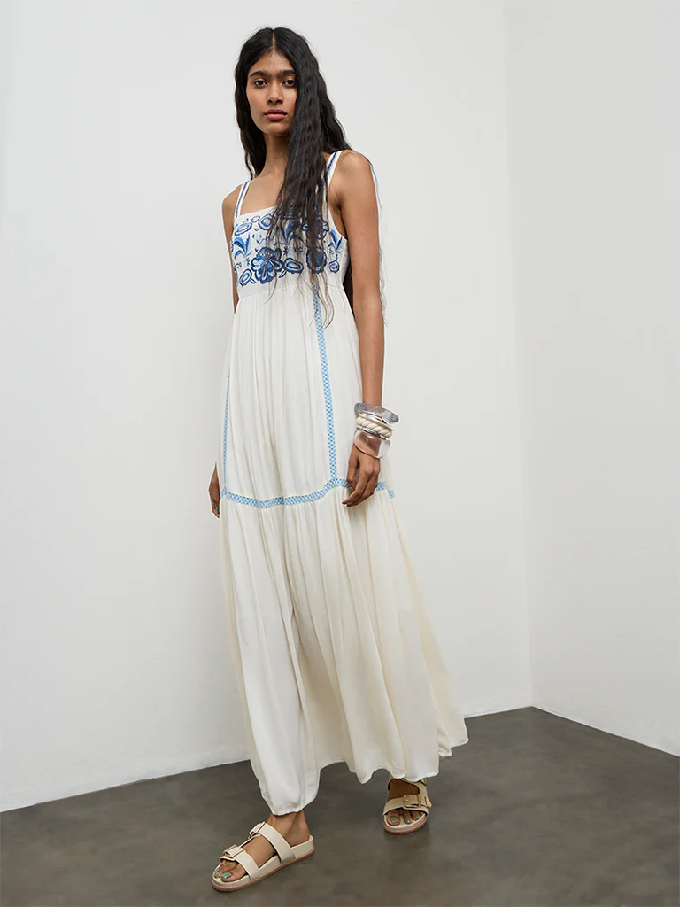 Bombay Paisley Off-White Embroidered Cotton-Blend A-Line Dress - Image 2