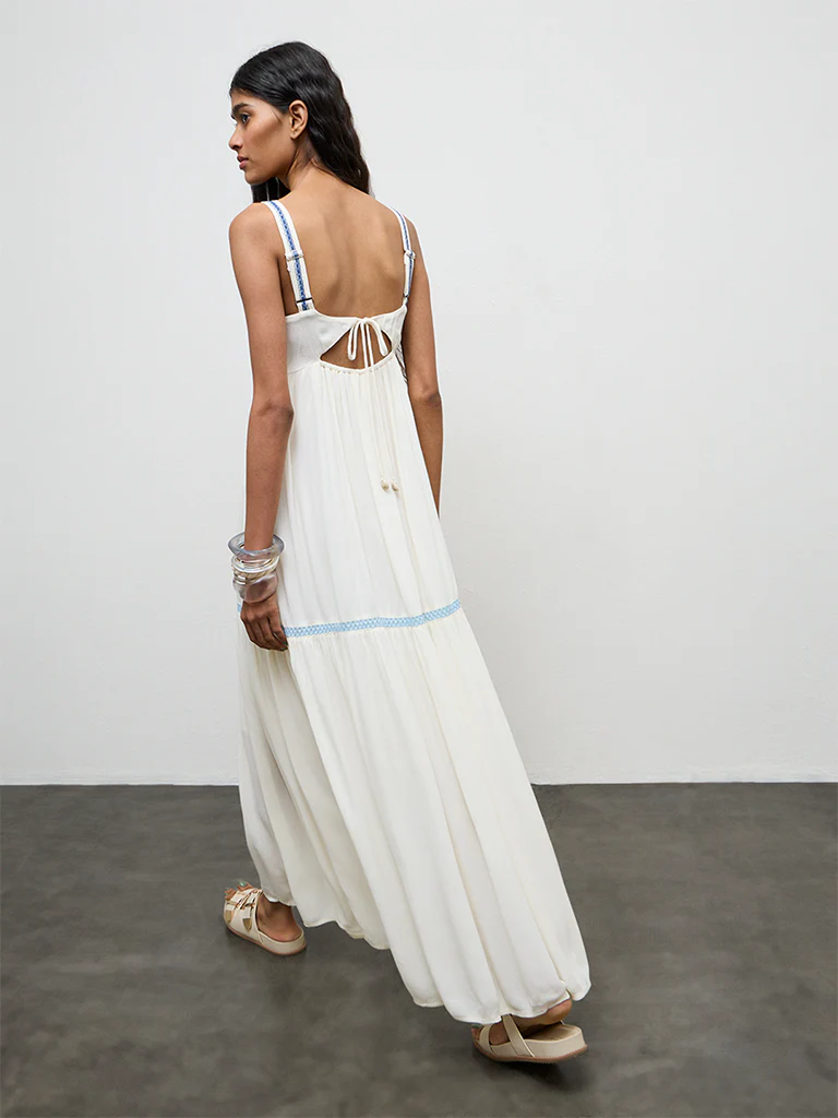 Bombay Paisley Off-White Embroidered Cotton-Blend A-Line Dress - Image 4