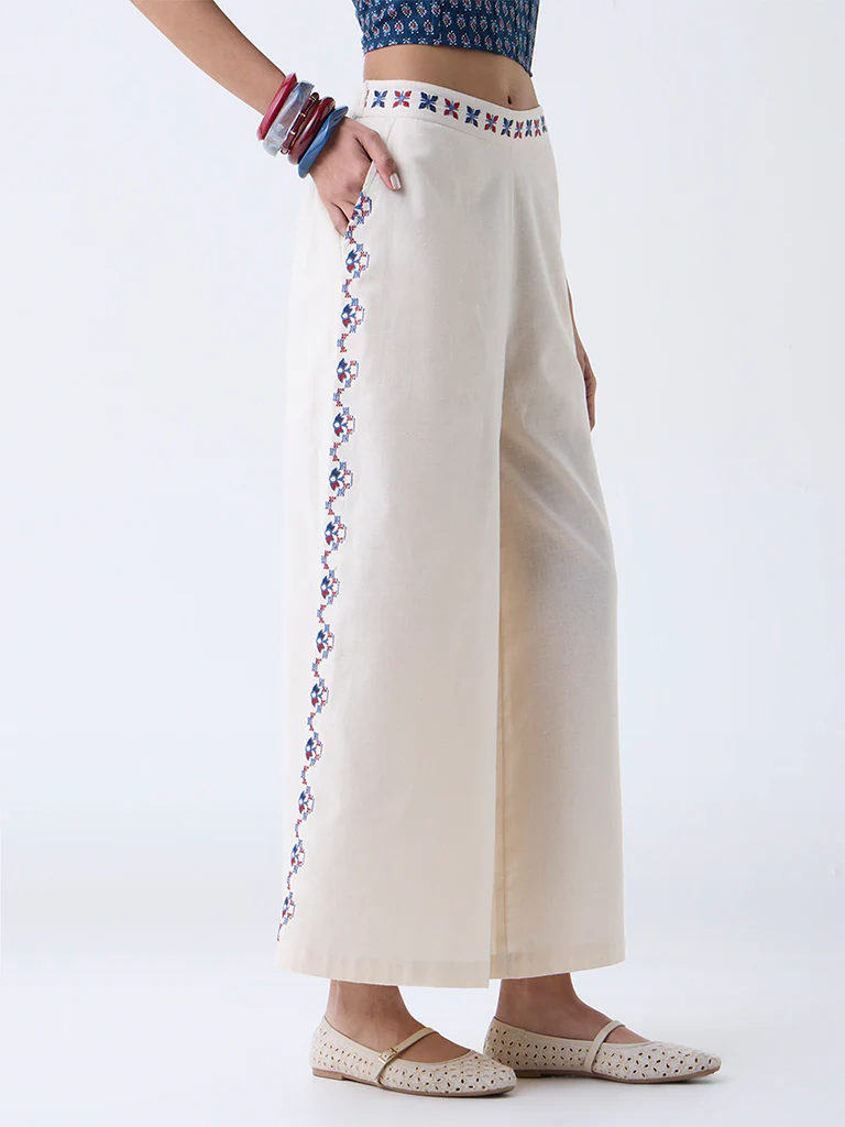 Bombay Paisley Off-White Embroidered Cotton-Blend Palazzos - Image 2