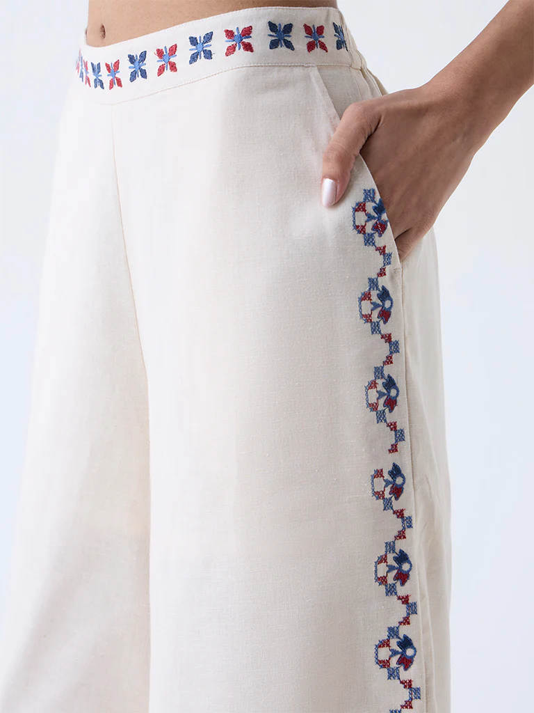 Bombay Paisley Off-White Embroidered Cotton-Blend Palazzos - Image 3