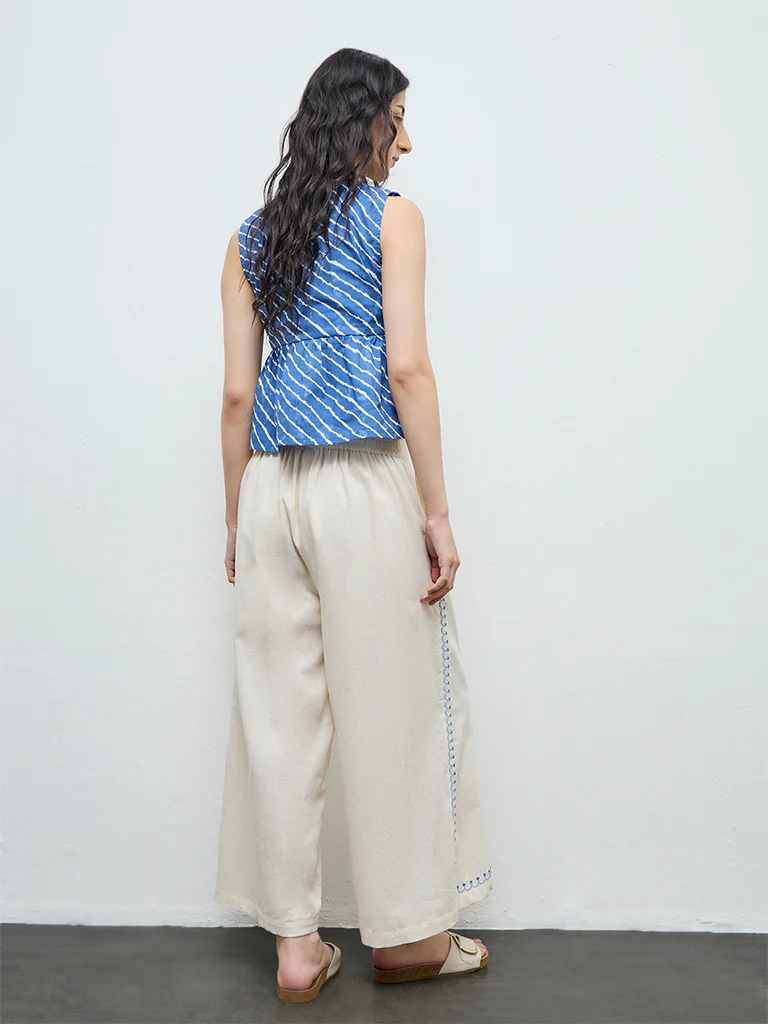 Bombay Paisley Off-White Embroidered Cotton-Blend Palazzos - Image 4