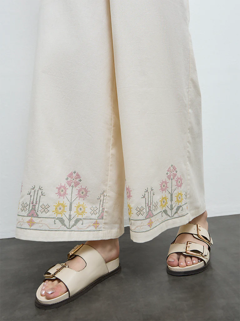 Bombay Paisley Off-White Embroidered Cotton-Blend Pants - Image 3