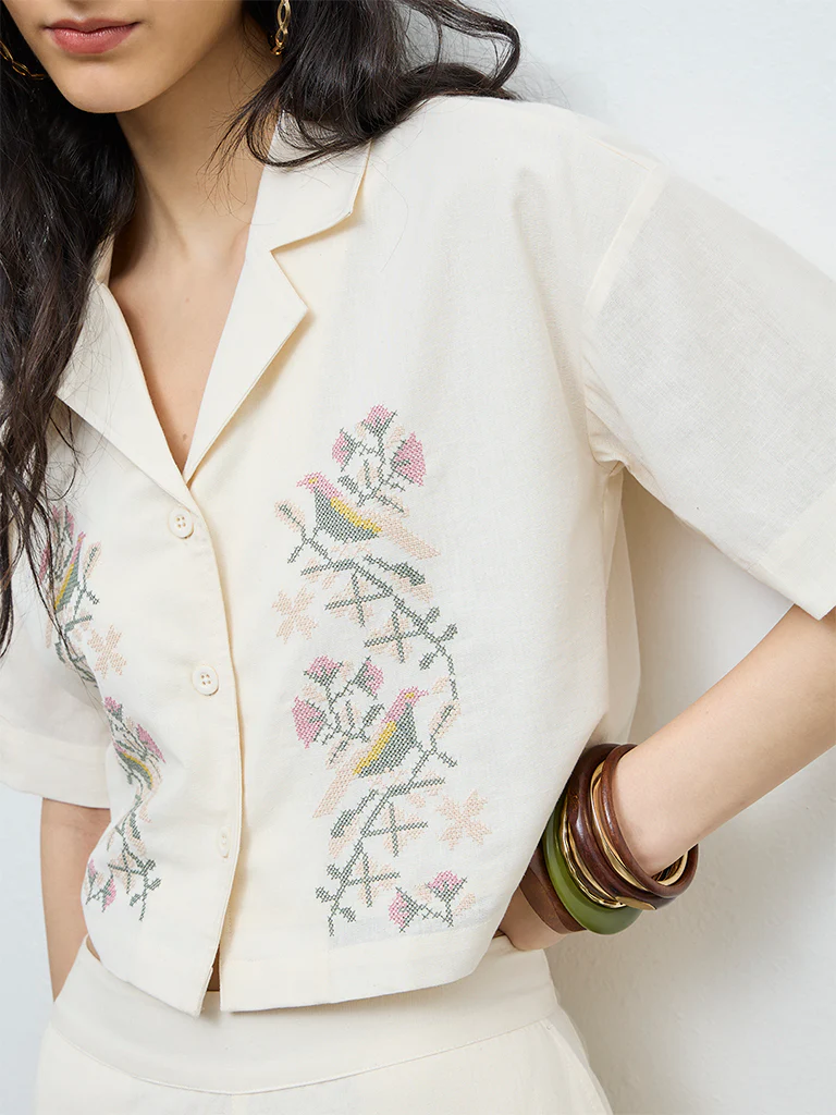 Bombay Paisley Off-White Embroidered Cotton-Blend Shirt - Image 3