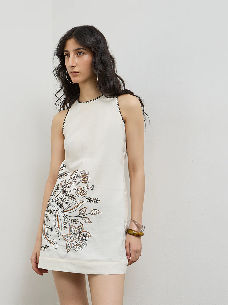 Bombay Paisley Off-White Embroidered Cotton Shift Dress - Image 2