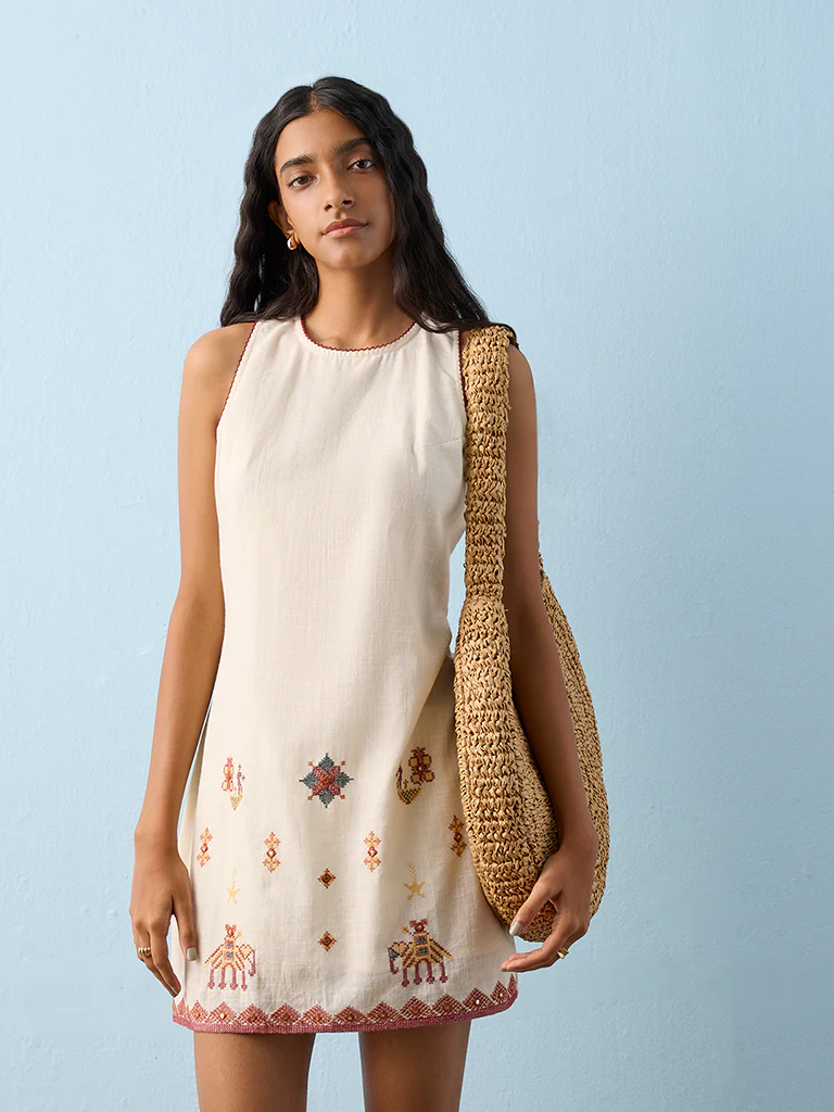 Bombay Paisley Off-White Embroidered Cotton Shift Dress