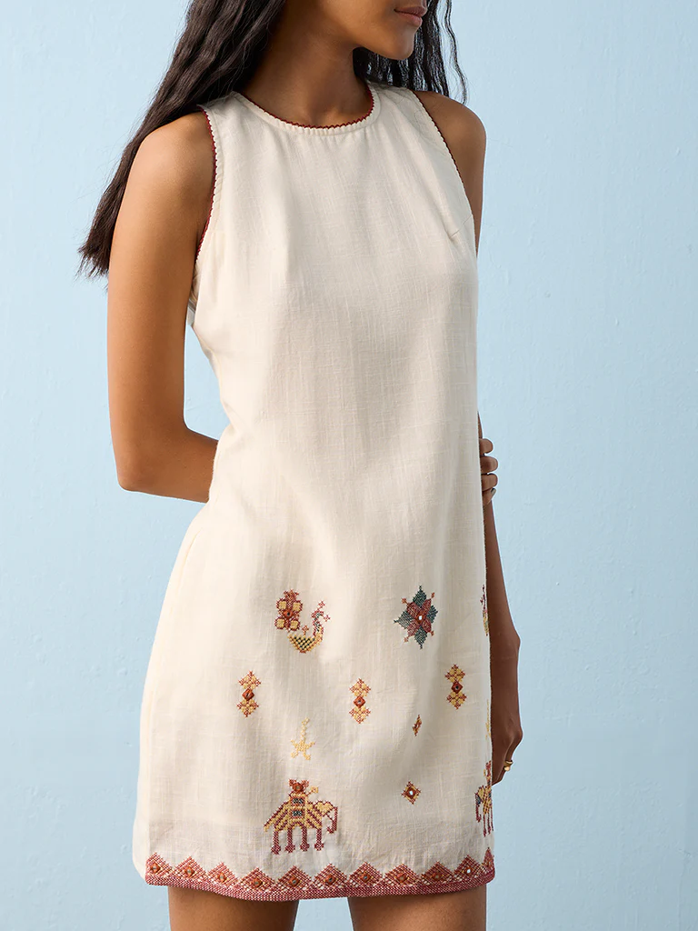 Bombay Paisley Off-White Embroidered Cotton Shift Dress - Image 3