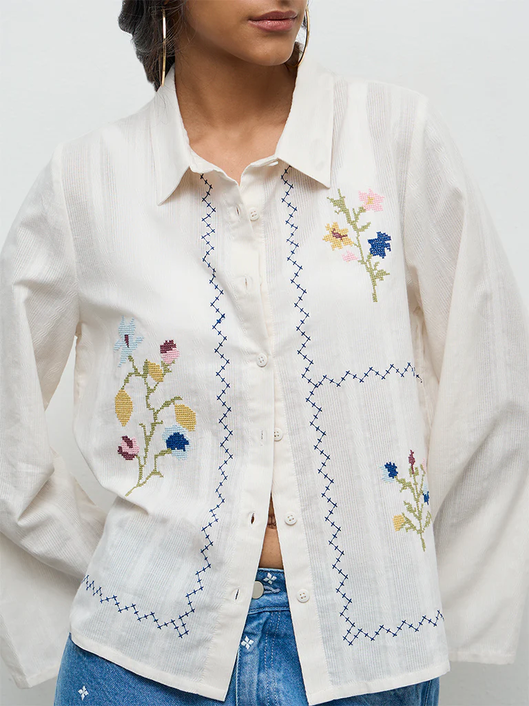 Bombay Paisley Off-White Embroidered Cotton Shirt - Image 3