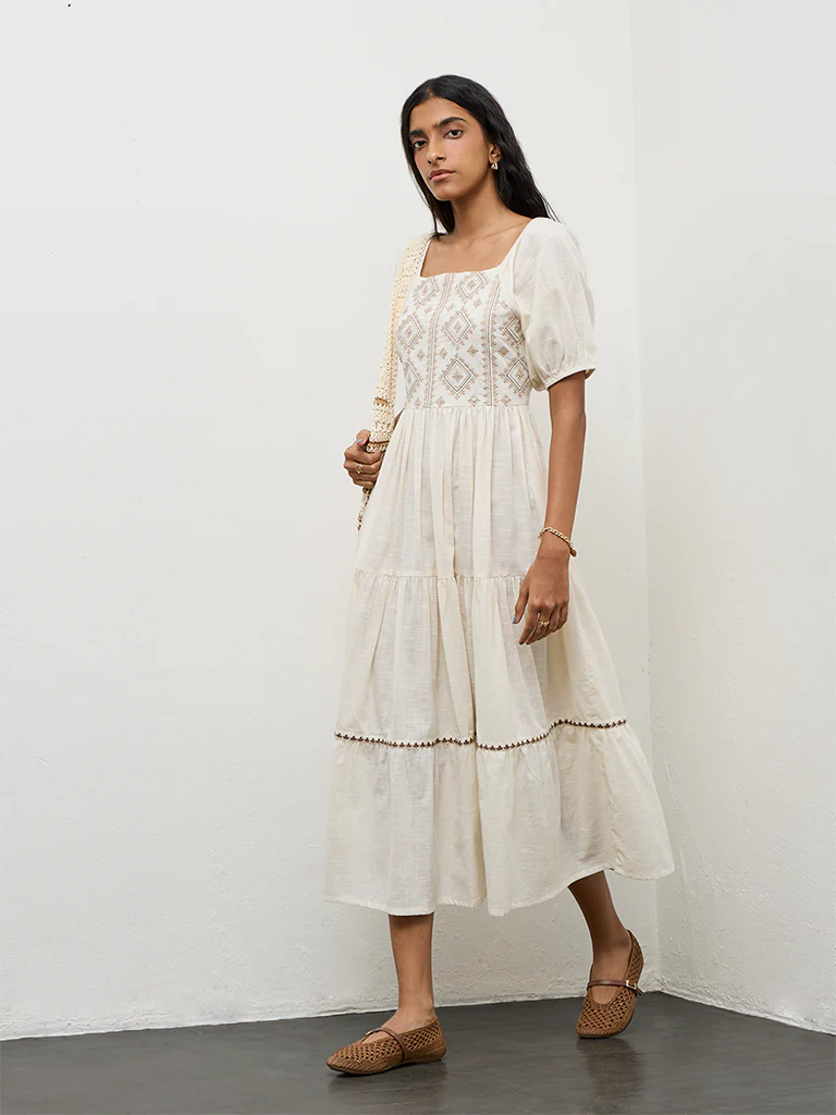 Bombay Paisley Off-White Embroidered Cotton Tiered Dress - Image 2