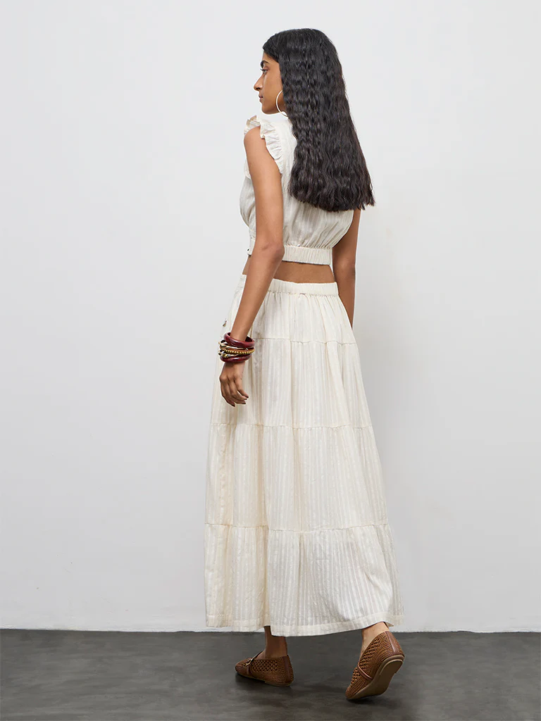 Bombay Paisley Off-White Embroidered Cotton Tiered Skirt - Image 4