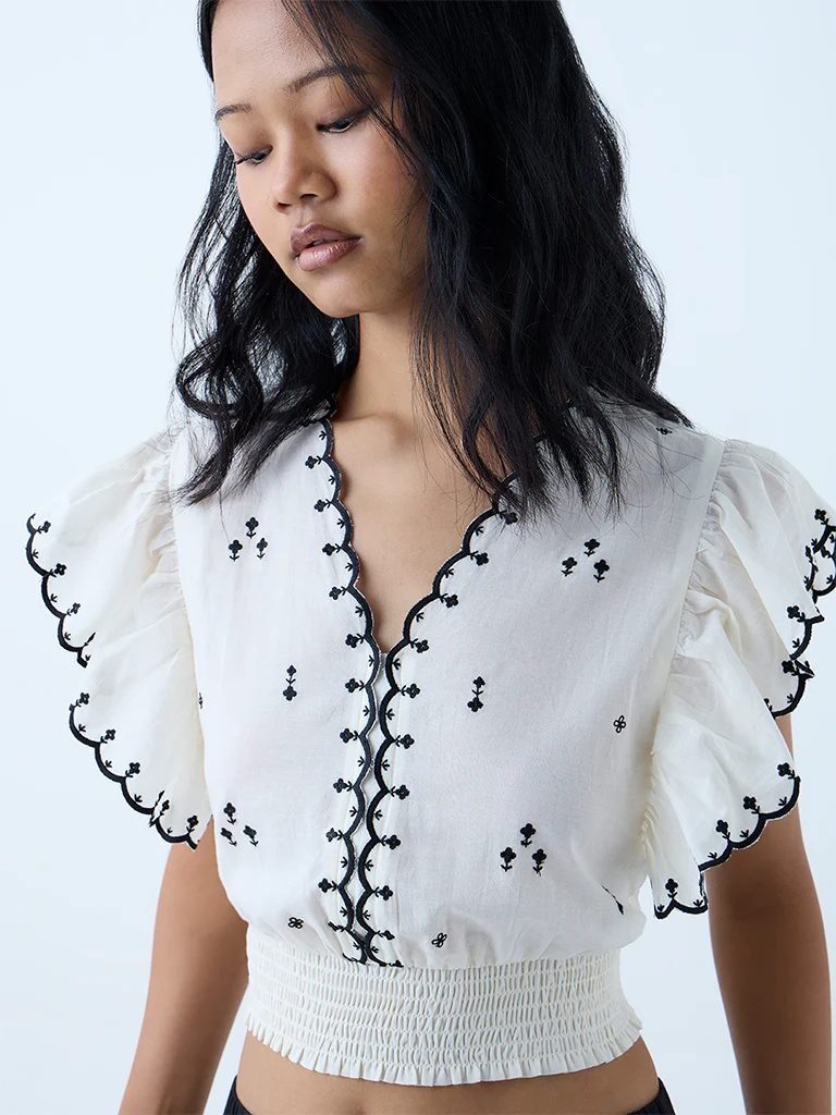 Bombay Paisley Off-White Embroidered Cotton Top - Image 3