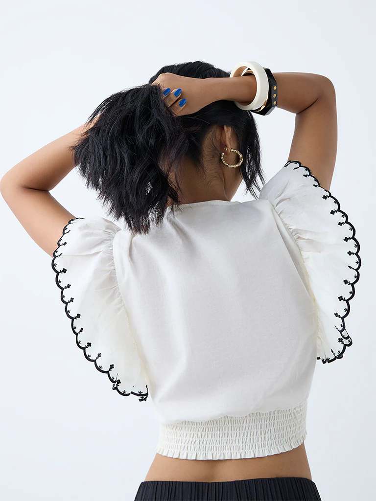 Bombay Paisley Off-White Embroidered Cotton Top - Image 4