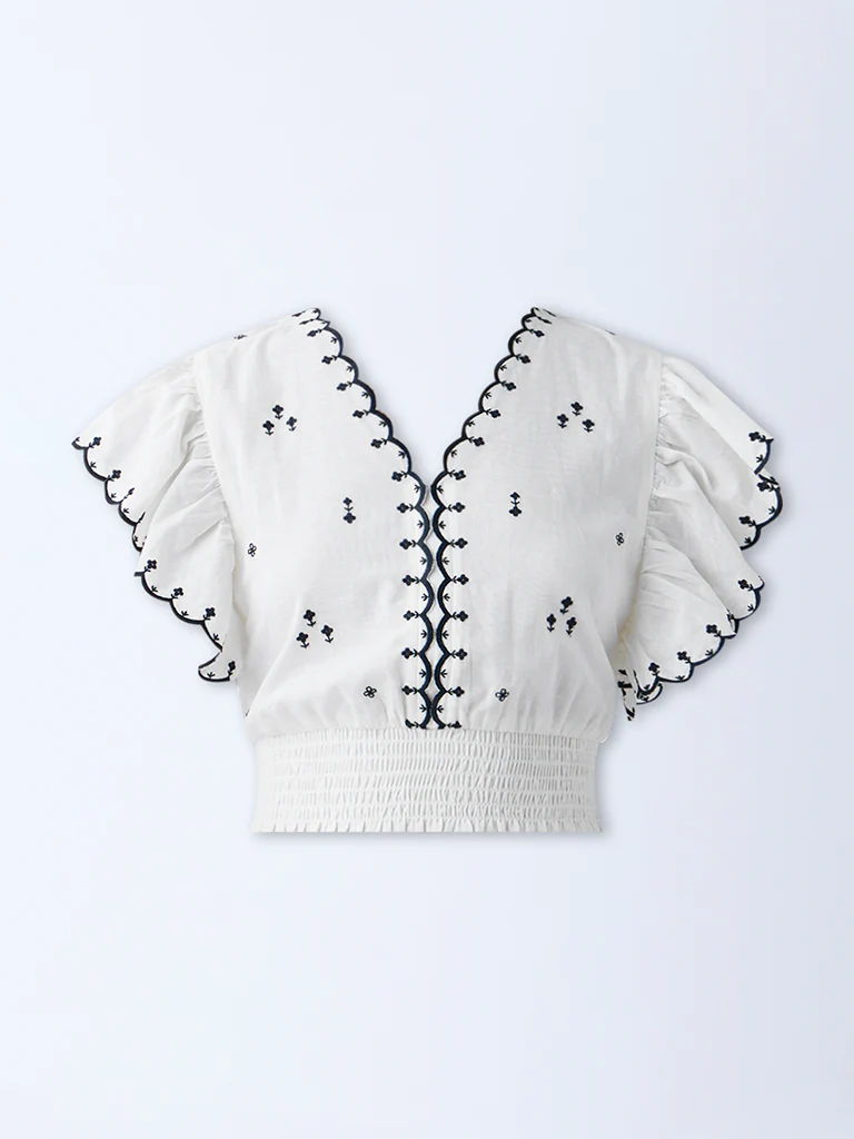 Bombay Paisley Off-White Embroidered Cotton Top - Image 5