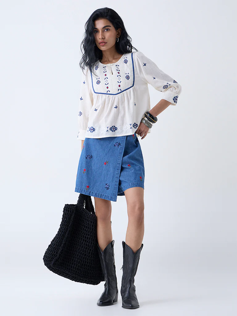 Bombay Paisley Off-White Embroidered Cotton Top - Image 2
