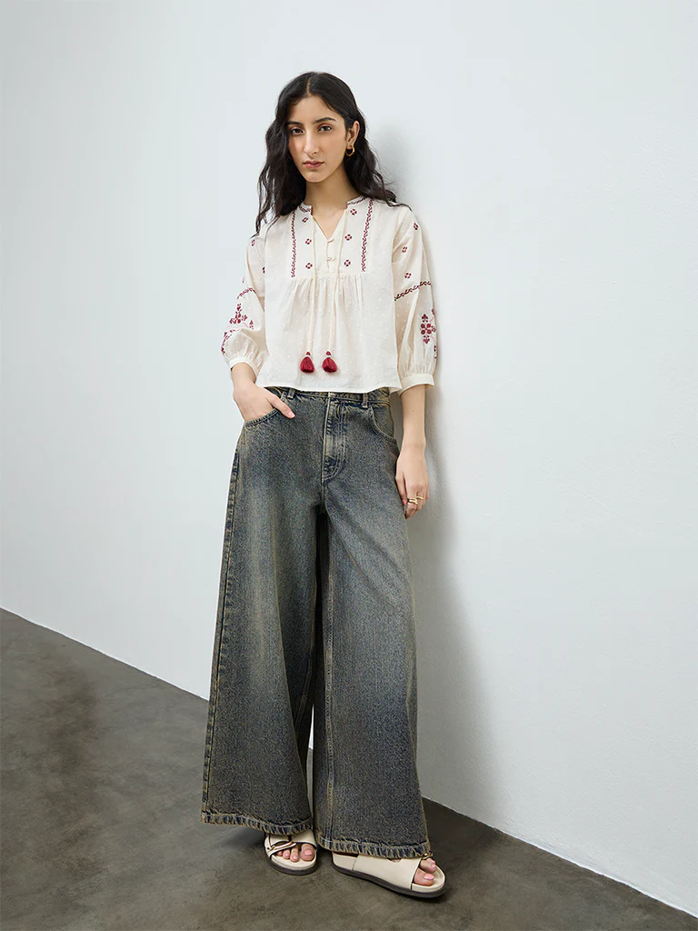 Bombay Paisley Off-White Embroidered Cotton Top - Image 2