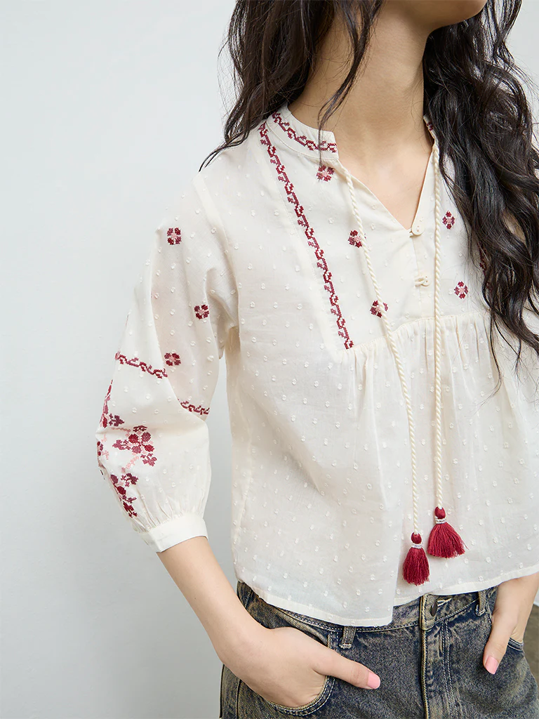Bombay Paisley Off-White Embroidered Cotton Top - Image 3