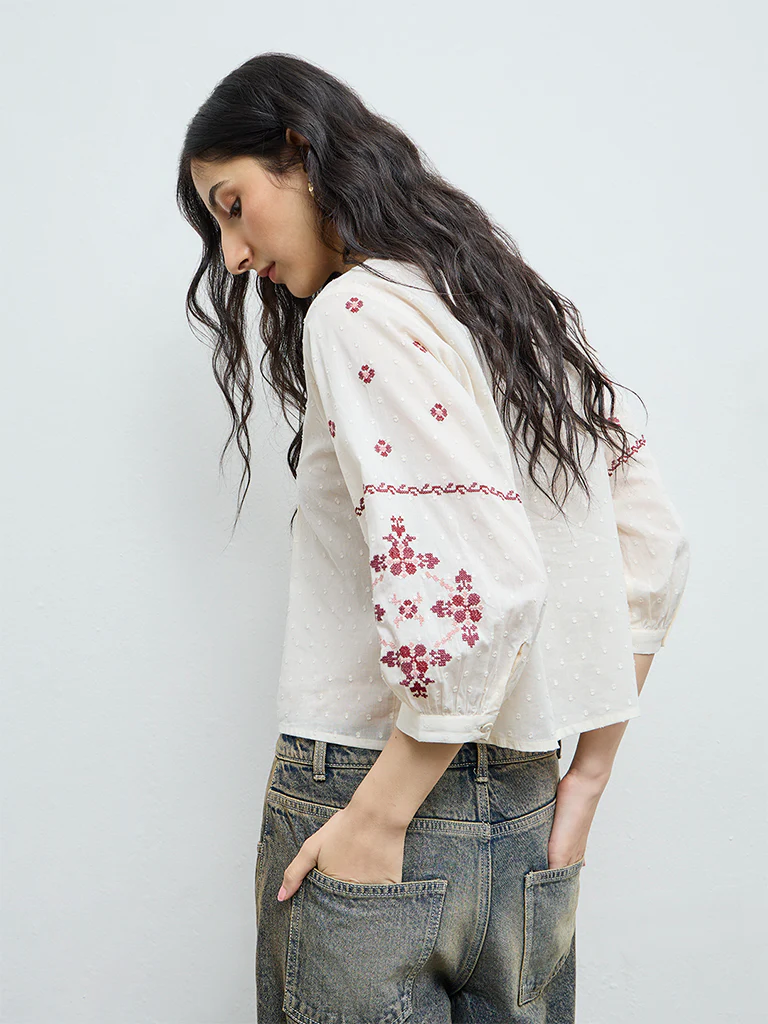 Bombay Paisley Off-White Embroidered Cotton Top - Image 4
