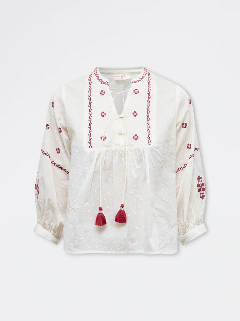 Bombay Paisley Off-White Embroidered Cotton Top - Image 5