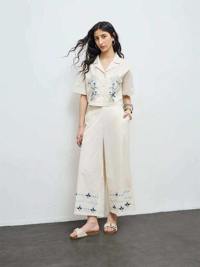 Bombay Paisley Off-White Embroidered Cotton Top