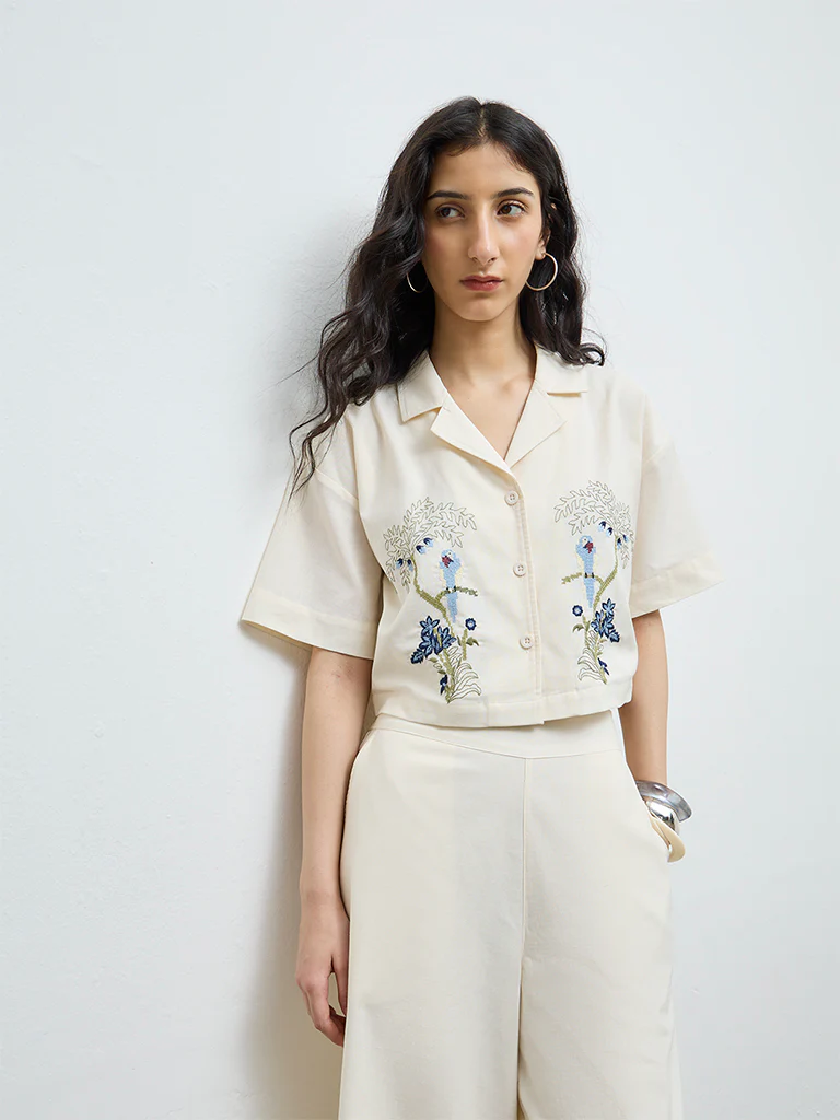 Bombay Paisley Off-White Embroidered Cotton Top - Image 2