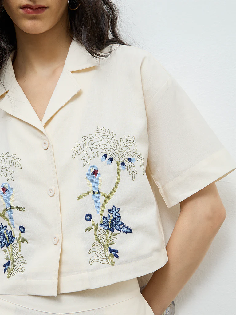 Bombay Paisley Off-White Embroidered Cotton Top - Image 3