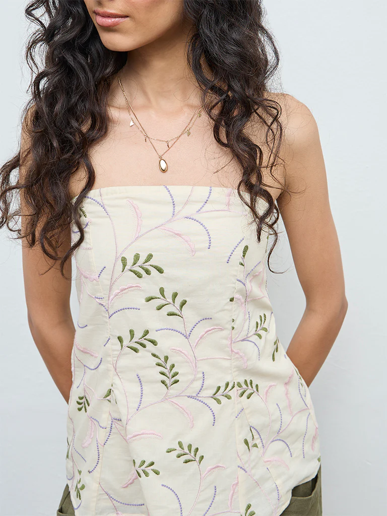 Bombay Paisley Off-White Embroidered Cotton Tube Top - Image 2