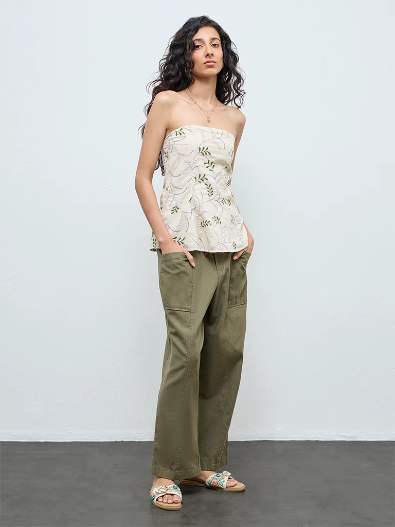 Bombay Paisley Off-White Embroidered Cotton Tube Top - Image 3