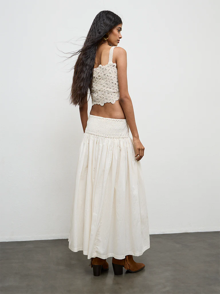 Bombay Paisley Off-White Embroidered High-Rise Cotton Skirt - Image 4