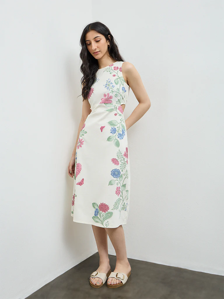 Bombay Paisley Off-White Floral Cotton-Blend A-Line Dress - Image 2