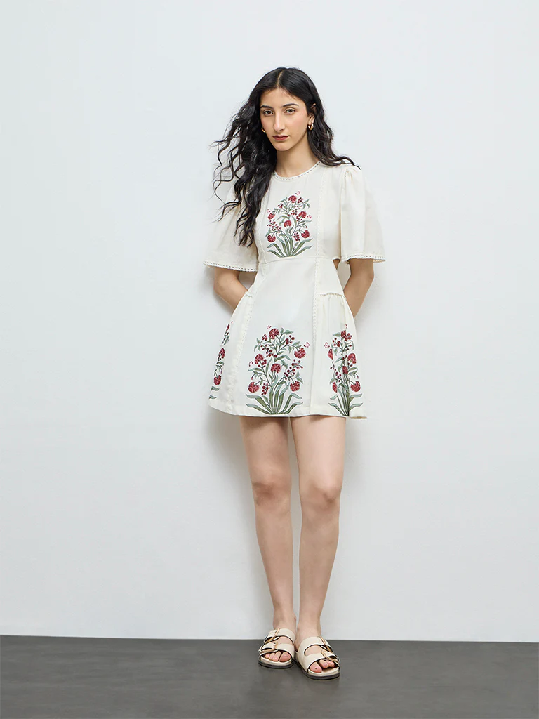 Bombay Paisley Off-White Floral Cotton-Blend A-Line Dress - Image 2