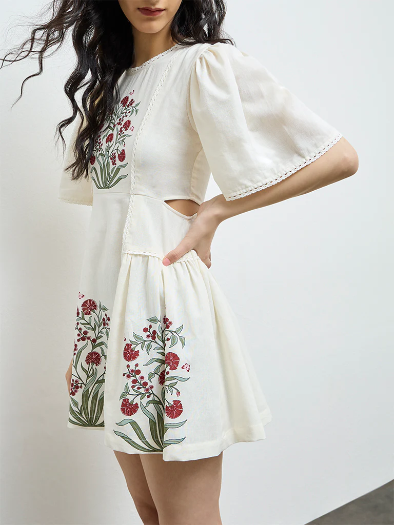Bombay Paisley Off-White Floral Cotton-Blend A-Line Dress - Image 3