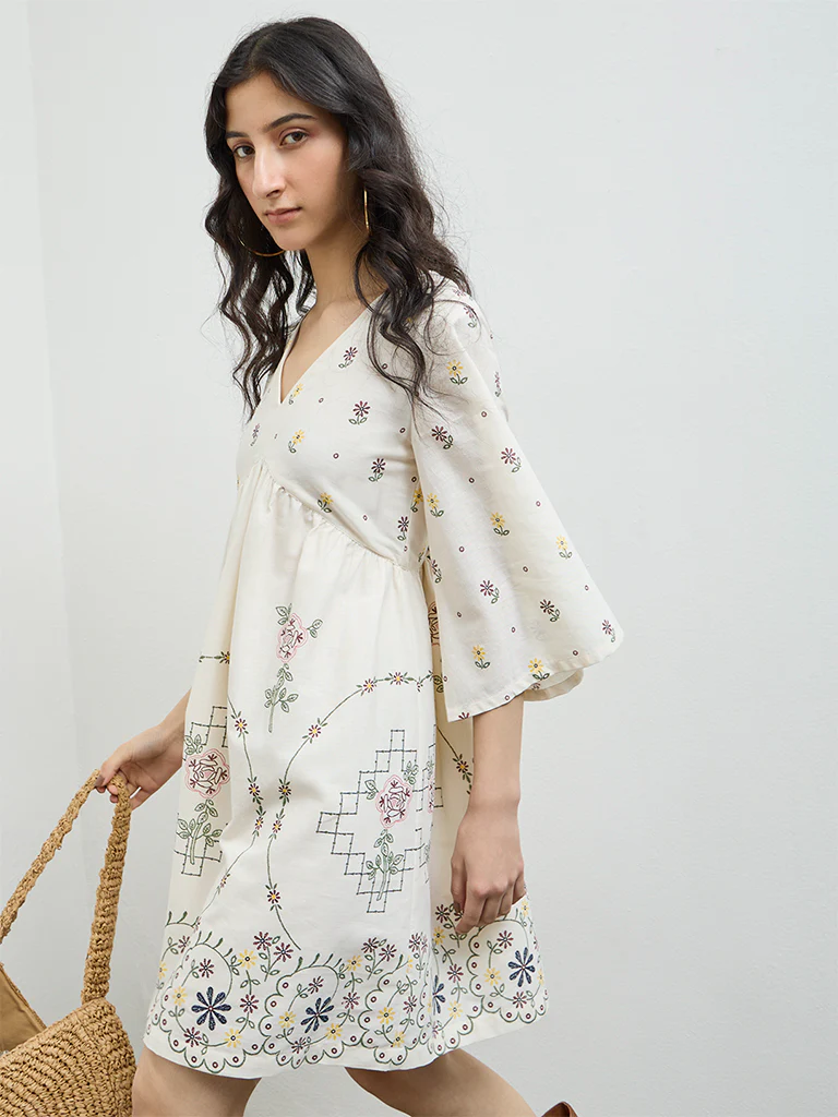 Bombay Paisley Off-White Floral Cotton-Blend A-Line Dress