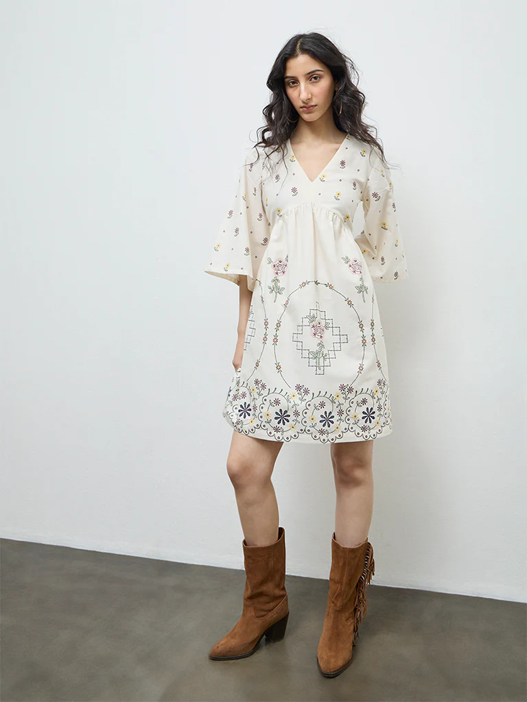 Bombay Paisley Off-White Floral Cotton-Blend A-Line Dress - Image 2